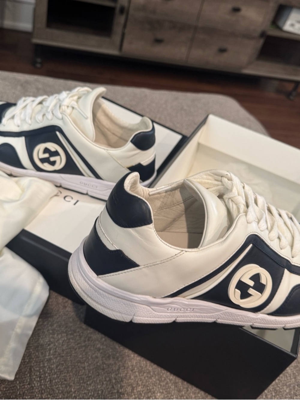 Gucci White and Navy Leather Runner Sneakers